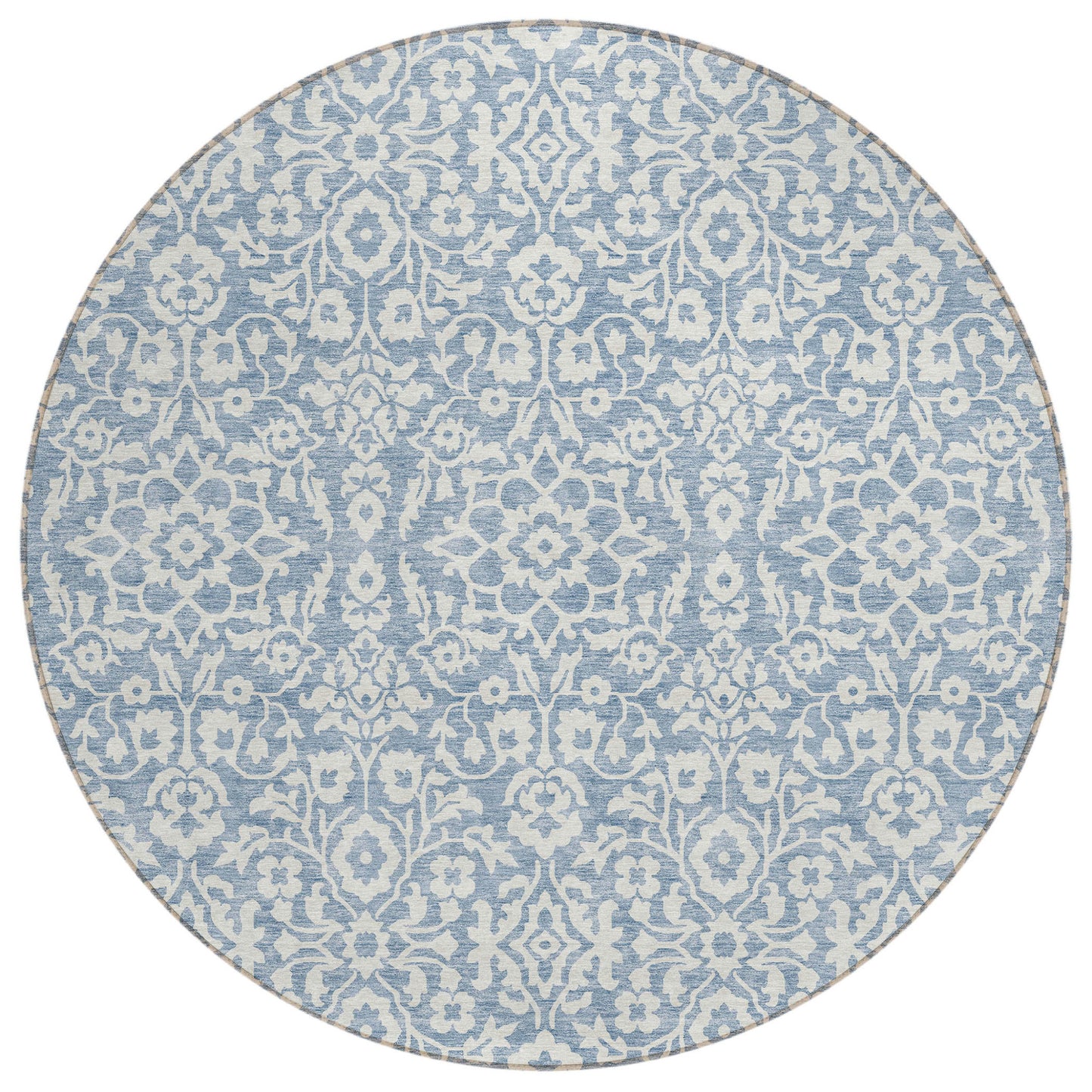 Tabselect Home Line 8' Denim Blue And Ivory Round Damask Washable Indoor Outdoor Area Rug