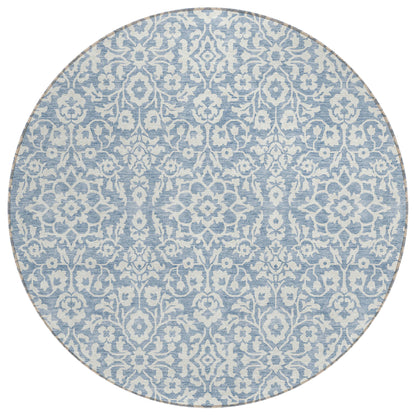 Tabselect Home Line 8' Denim Blue And Ivory Round Damask Washable Indoor Outdoor Area Rug