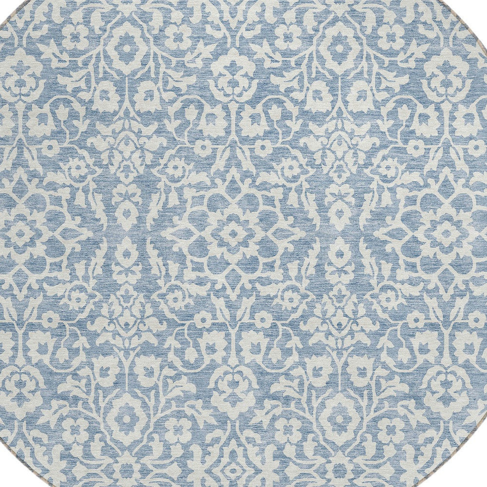 Tabselect Home Line 8' Denim Blue And Ivory Round Damask Washable Indoor Outdoor Area Rug