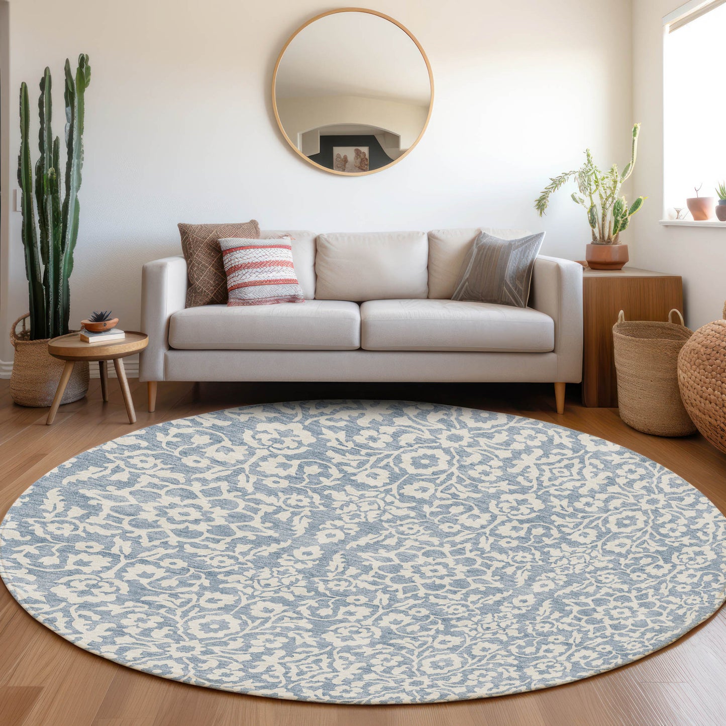 Tabselect Home Line 8' Denim Blue And Ivory Round Damask Washable Indoor Outdoor Area Rug