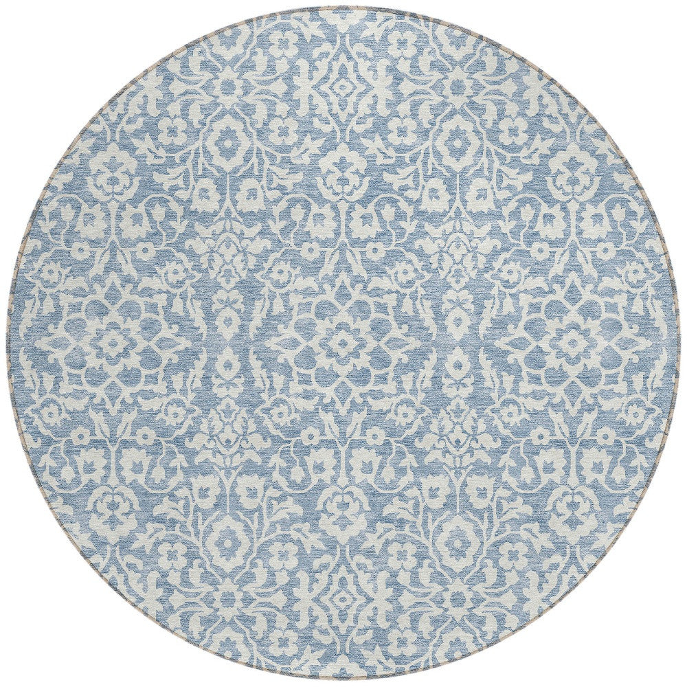 Tabselect Home Line 8' Denim Blue And Ivory Round Damask Washable Indoor Outdoor Area Rug