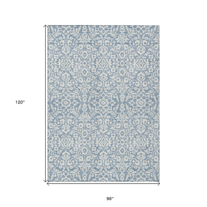 Tabselect Home Line 8' X 10' Denim Blue And Ivory Damask Washable Indoor Outdoor Area Rug