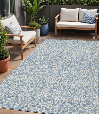 Tabselect Home Line 8' X 10' Denim Blue And Ivory Damask Washable Indoor Outdoor Area Rug