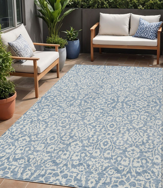 Tabselect Home Line 8' X 10' Denim Blue And Ivory Damask Washable Indoor Outdoor Area Rug