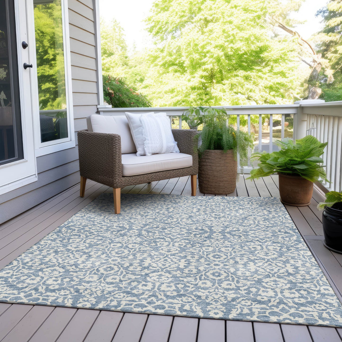 Tabselect Home Line 8' X 10' Denim Blue And Ivory Damask Washable Indoor Outdoor Area Rug