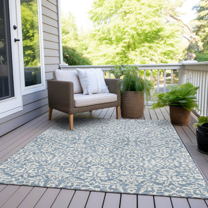 Tabselect Home Line 8' X 10' Denim Blue And Ivory Damask Washable Indoor Outdoor Area Rug