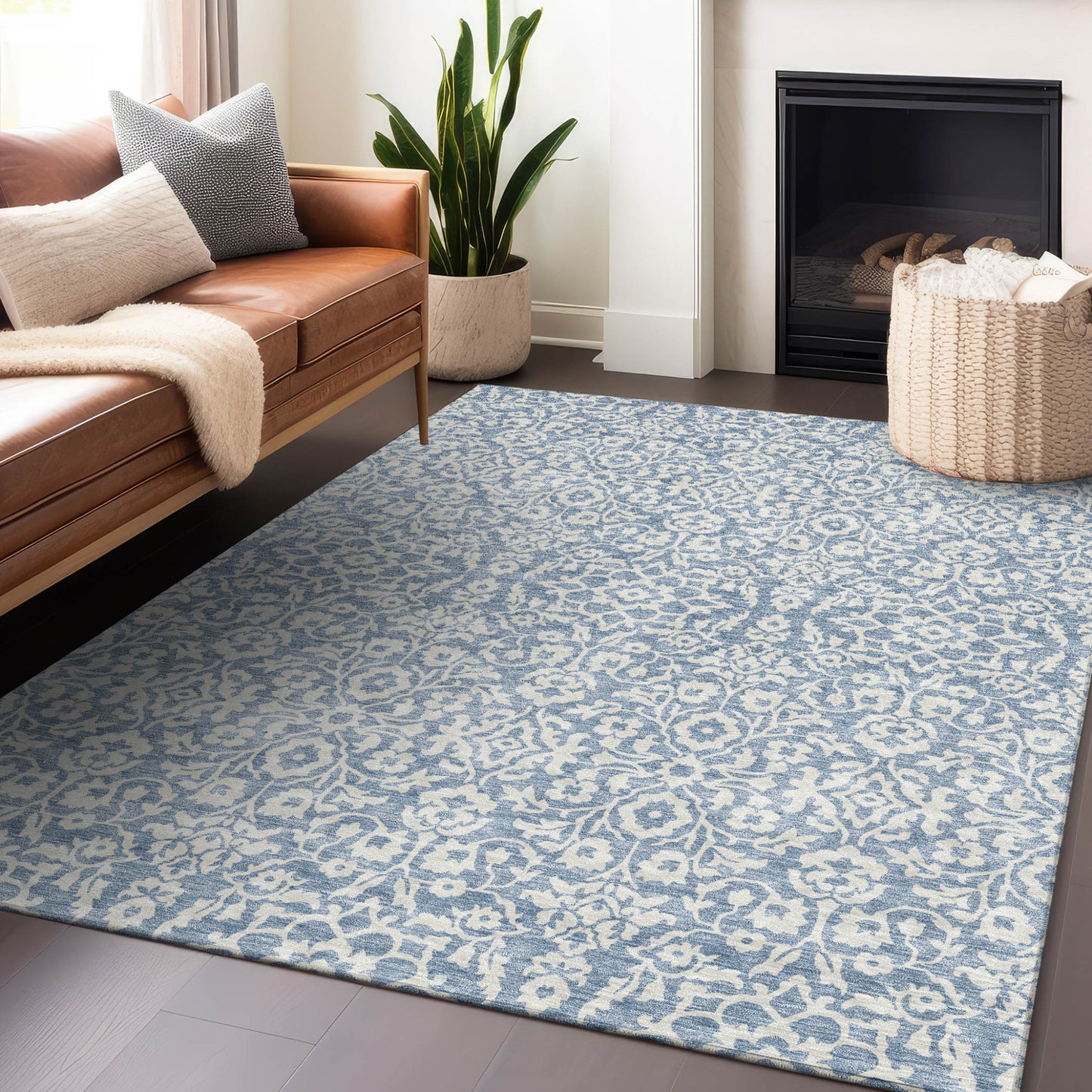 Tabselect Home Line 8' X 10' Denim Blue And Ivory Damask Washable Indoor Outdoor Area Rug