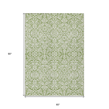 Tabselect Home Line 5' X 8' Green And Ivory Damask Washable Indoor Outdoor Area Rug