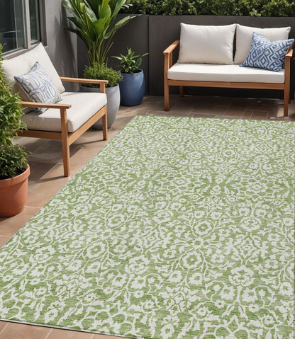 Tabselect Home Line 5' X 8' Green And Ivory Damask Washable Indoor Outdoor Area Rug