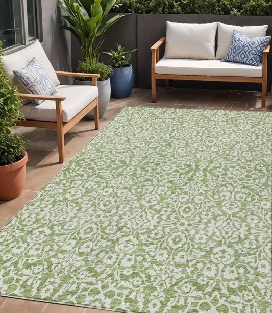 Tabselect Home Line 5' X 8' Green And Ivory Damask Washable Indoor Outdoor Area Rug