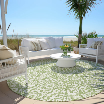 Tabselect Home Line 8' Green And Ivory Round Damask Washable Indoor Outdoor Area Rug