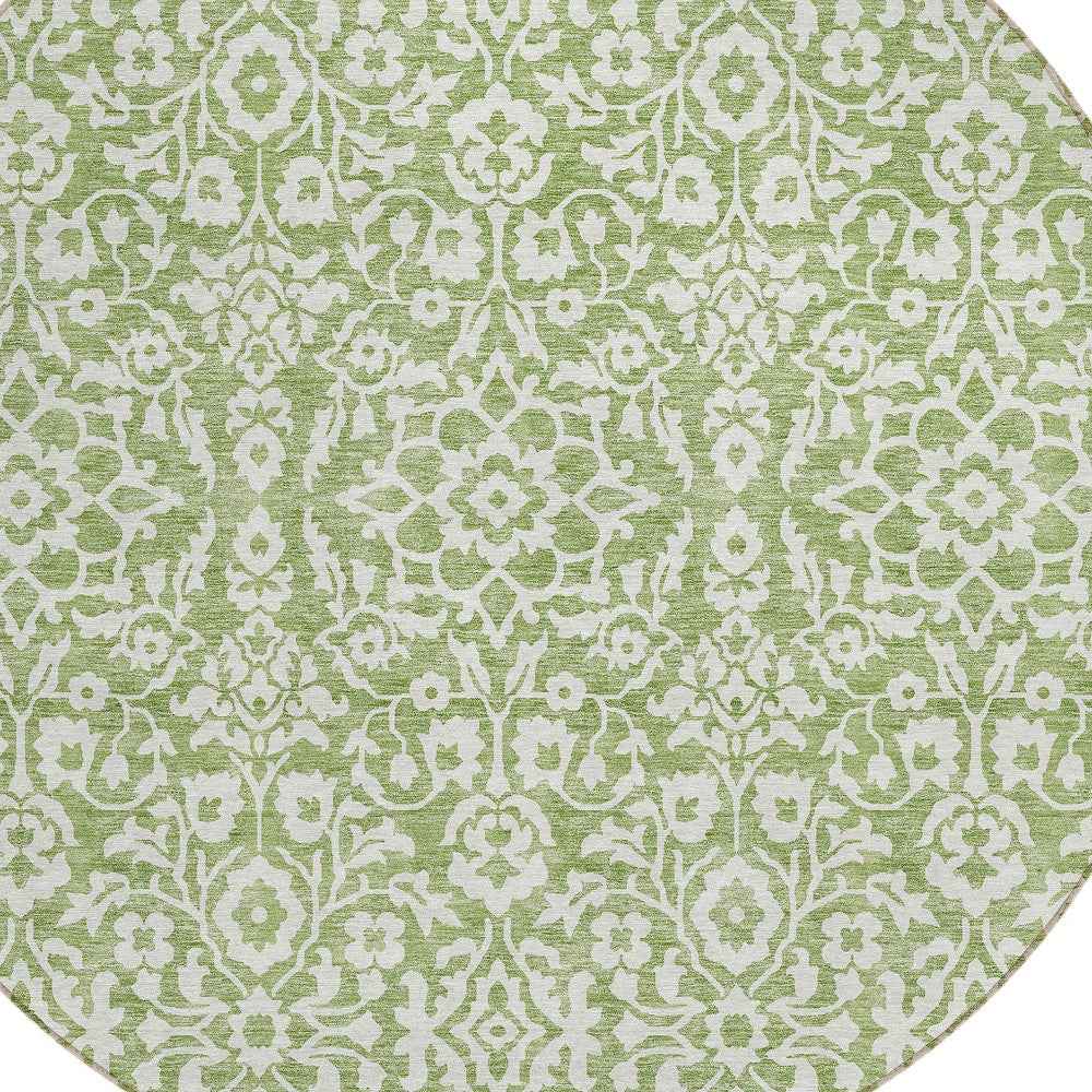 Tabselect Home Line 8' Green And Ivory Round Damask Washable Indoor Outdoor Area Rug