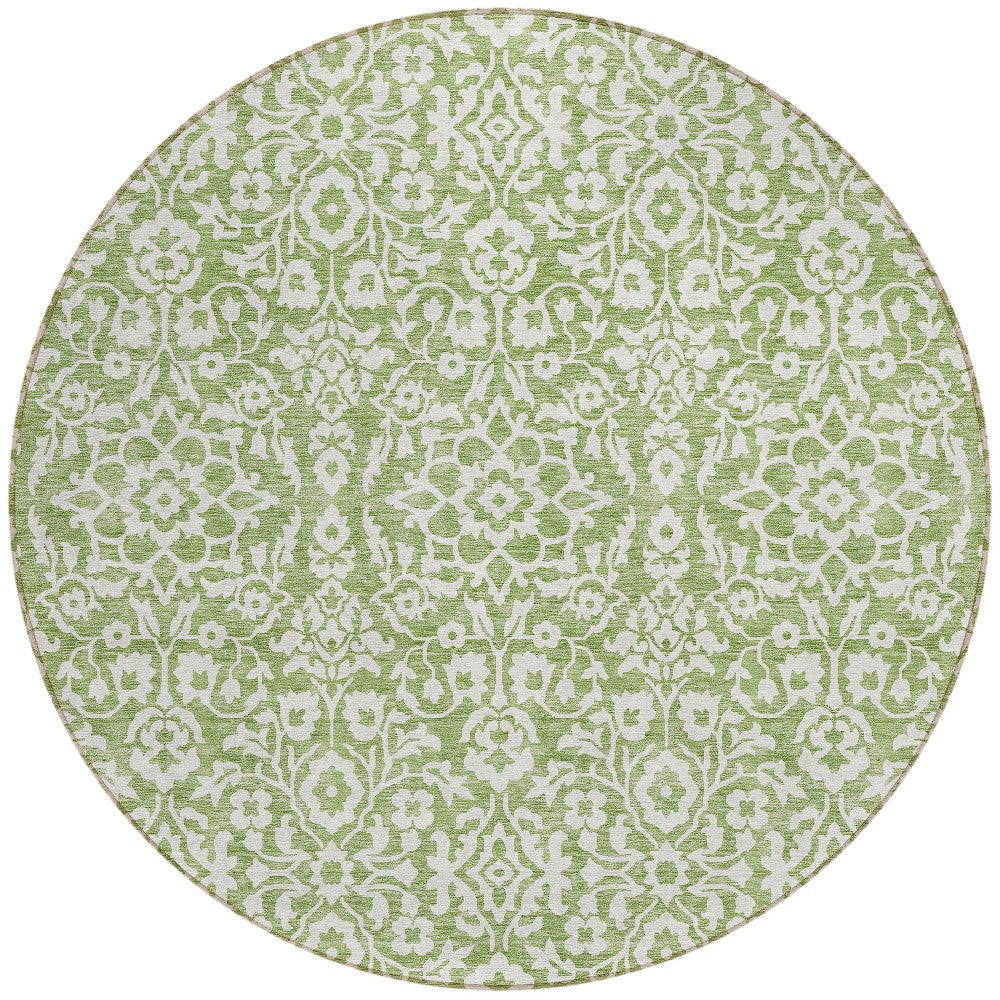 Tabselect Home Line 8' Green And Ivory Round Damask Washable Indoor Outdoor Area Rug