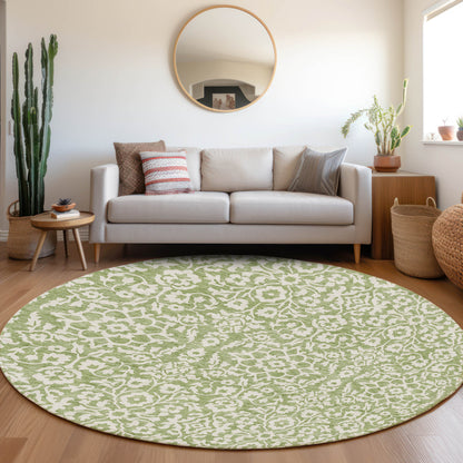 Tabselect Home Line 8' Green And Ivory Round Damask Washable Indoor Outdoor Area Rug