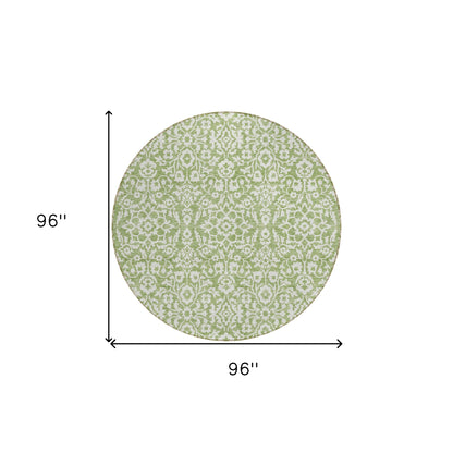 Tabselect Home Line 8' Green And Ivory Round Damask Washable Indoor Outdoor Area Rug