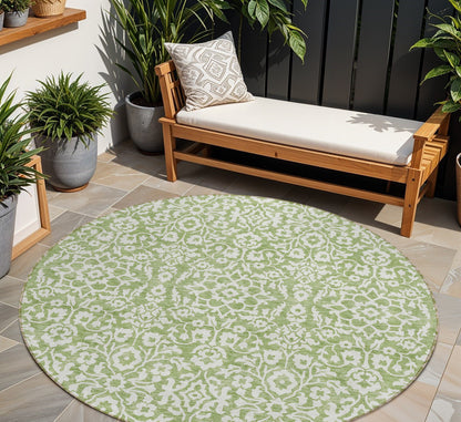 Tabselect Home Line 8' Green And Ivory Round Damask Washable Indoor Outdoor Area Rug