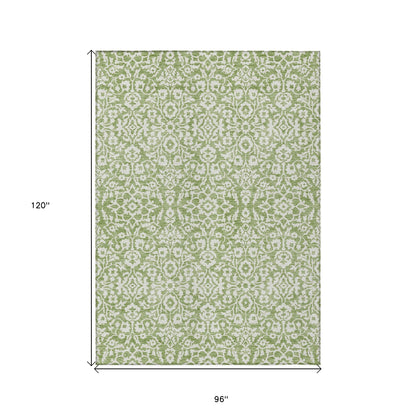Tabselect Home Line 8' X 10' Green And Ivory Damask Washable Indoor Outdoor Area Rug