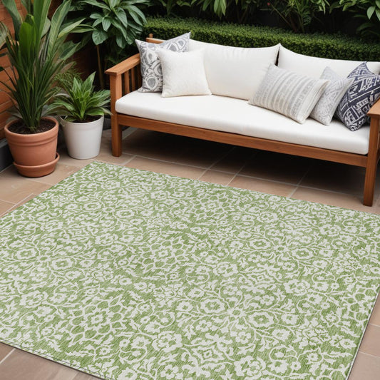 Tabselect Home Line 8' X 10' Green And Ivory Damask Washable Indoor Outdoor Area Rug