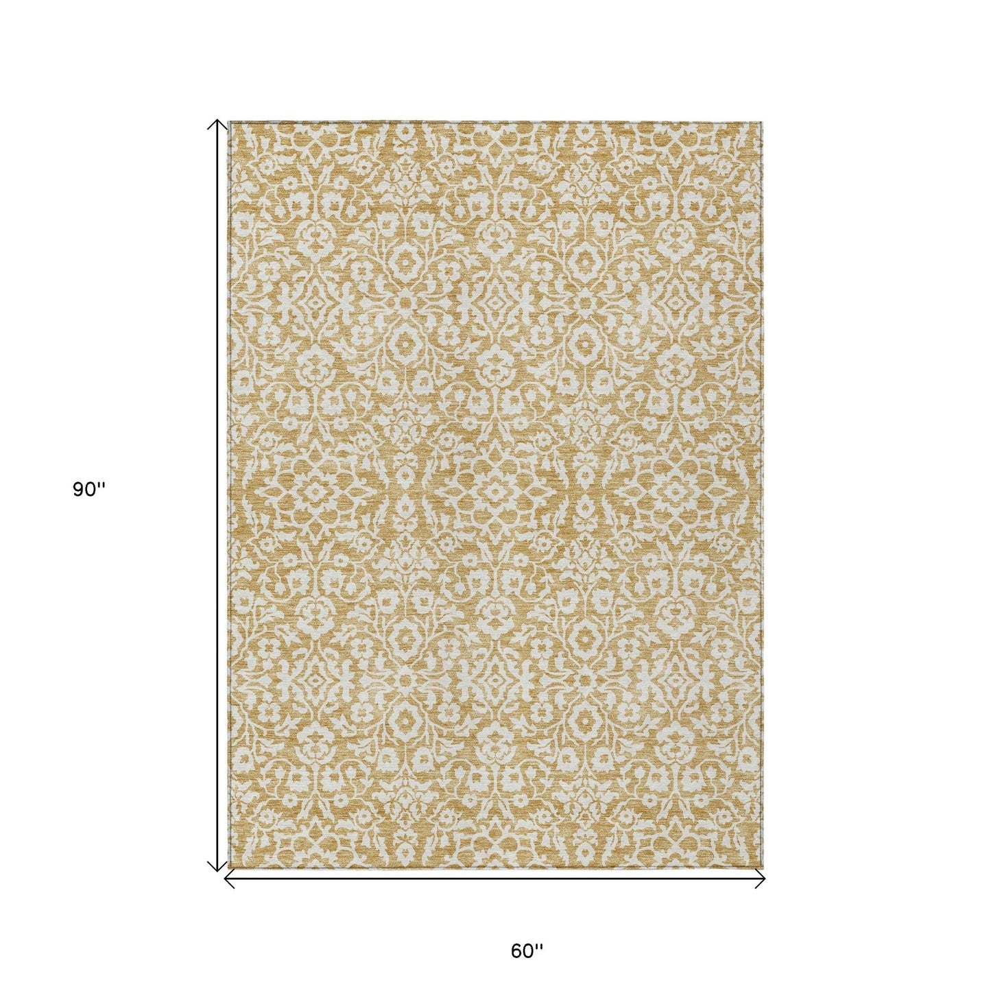 Tabselect Home Line 5' X 8' Gold And Beige Damask Washable Indoor Outdoor Area Rug
