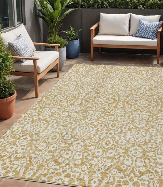 Tabselect Home Line 5' X 8' Gold And Beige Damask Washable Indoor Outdoor Area Rug
