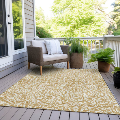 Tabselect Home Line 5' X 8' Gold And Beige Damask Washable Indoor Outdoor Area Rug