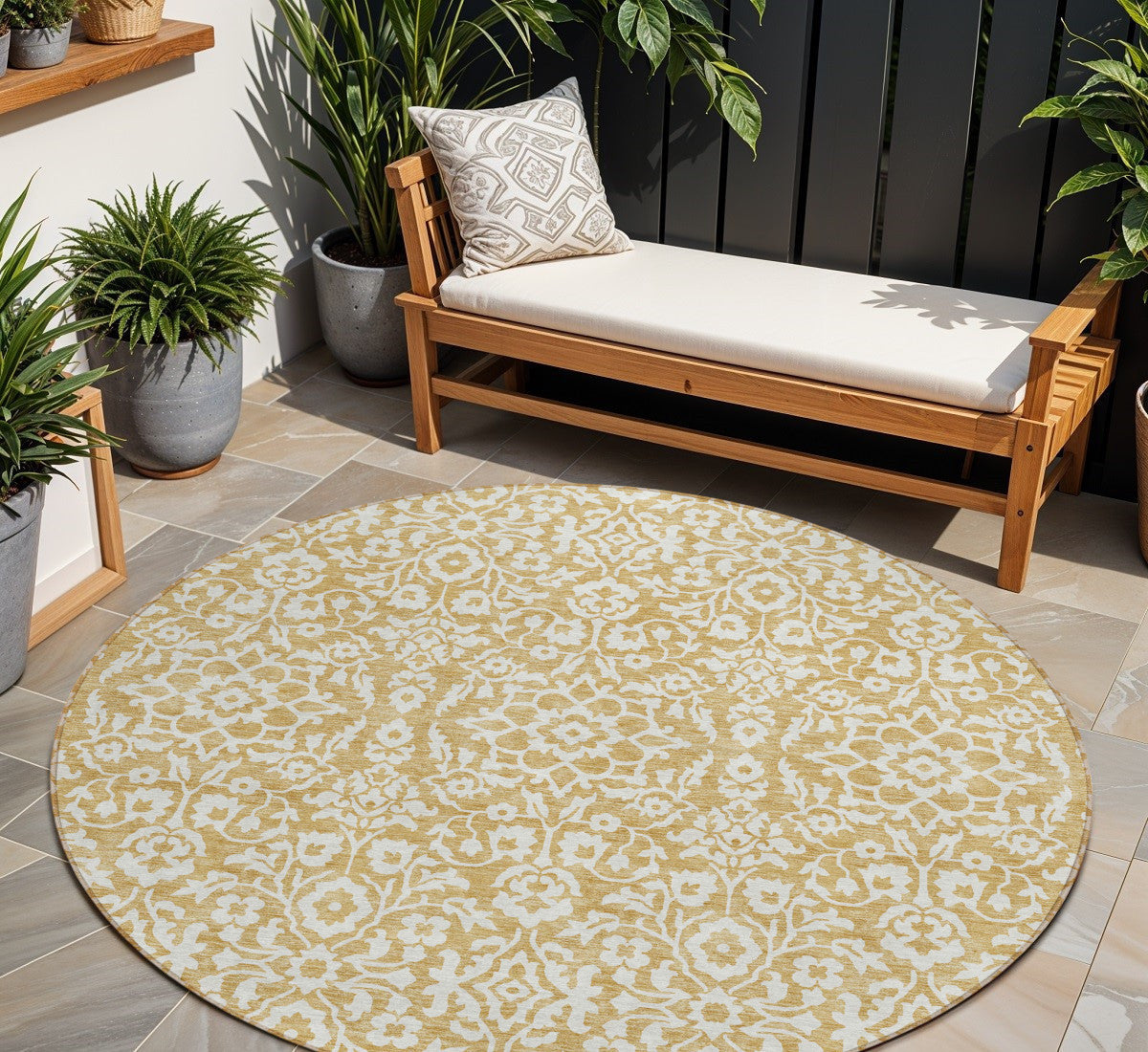 Tabselect Home Line 8' Gold And Beige Round Damask Washable Indoor Outdoor Area Rug