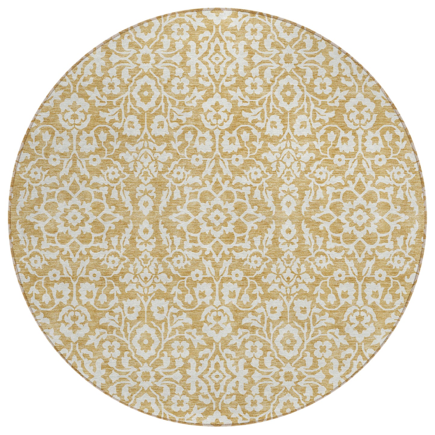 Tabselect Home Line 8' Gold And Beige Round Damask Washable Indoor Outdoor Area Rug