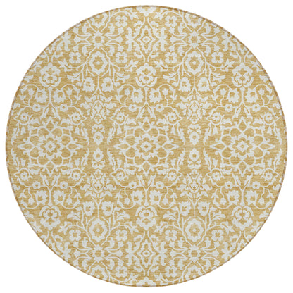 Tabselect Home Line 8' Gold And Beige Round Damask Washable Indoor Outdoor Area Rug