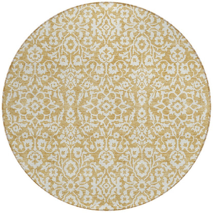 Tabselect Home Line 8' Gold And Beige Round Damask Washable Indoor Outdoor Area Rug