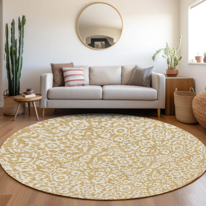 Tabselect Home Line 8' Gold And Beige Round Damask Washable Indoor Outdoor Area Rug
