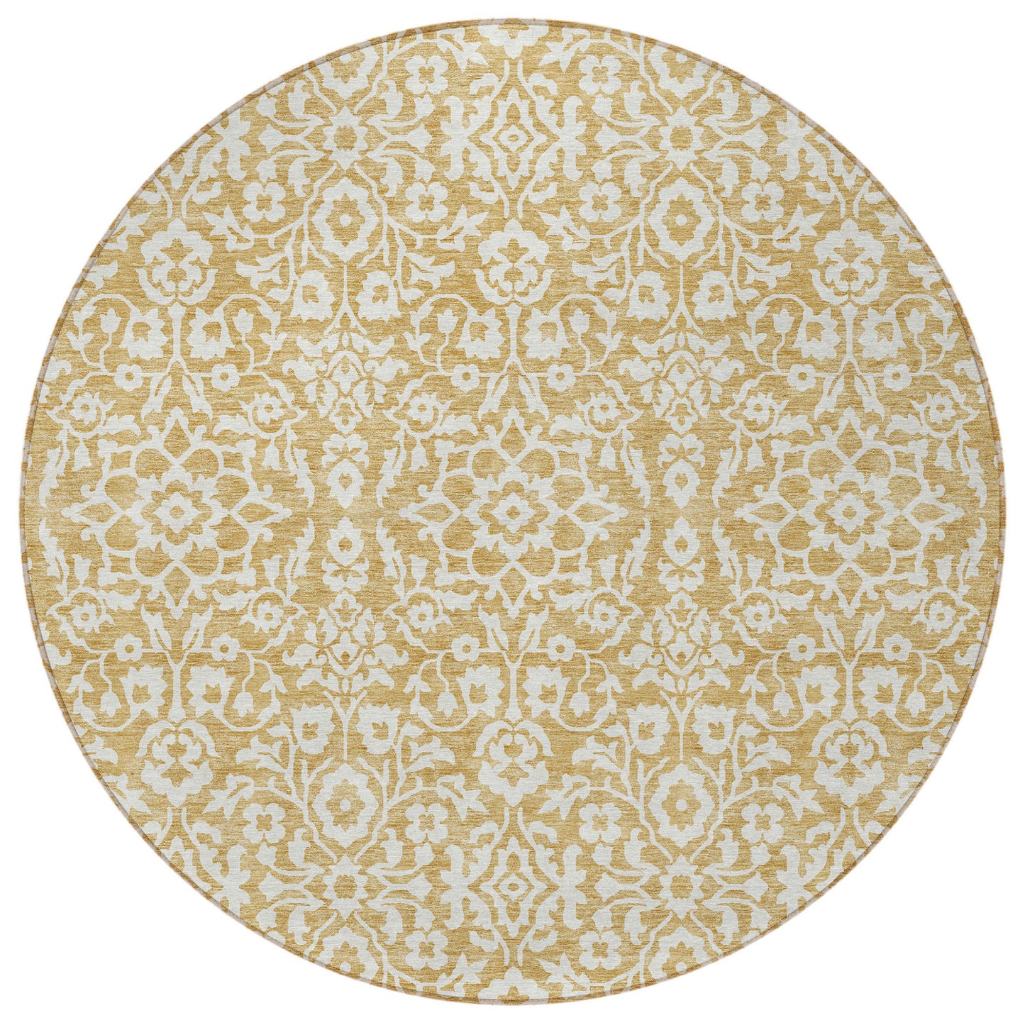 Tabselect Home Line 8' Gold And Beige Round Damask Washable Indoor Outdoor Area Rug