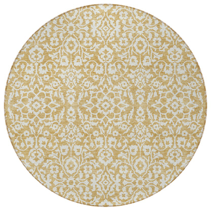 Tabselect Home Line 8' Gold And Beige Round Damask Washable Indoor Outdoor Area Rug