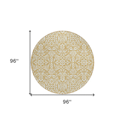 Tabselect Home Line 8' Gold And Beige Round Damask Washable Indoor Outdoor Area Rug