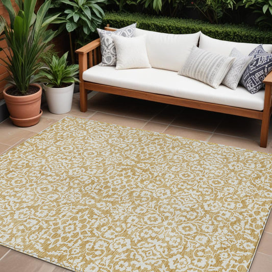 Tabselect Home Line 8' X 10' Gold And Beige Damask Washable Indoor Outdoor Area Rug