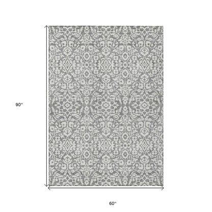 Tabselect Home Line 5' X 8' Gray And Ivory Damask Washable Indoor Outdoor Area Rug