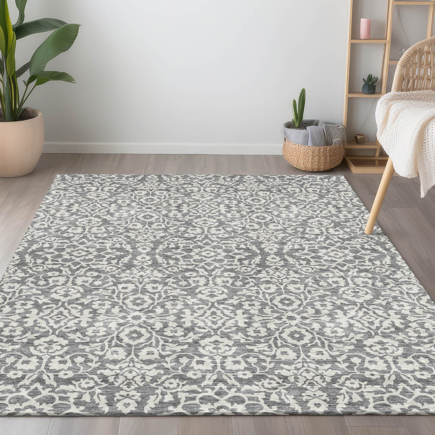 Tabselect Home Line 5' X 8' Gray And Ivory Damask Washable Indoor Outdoor Area Rug