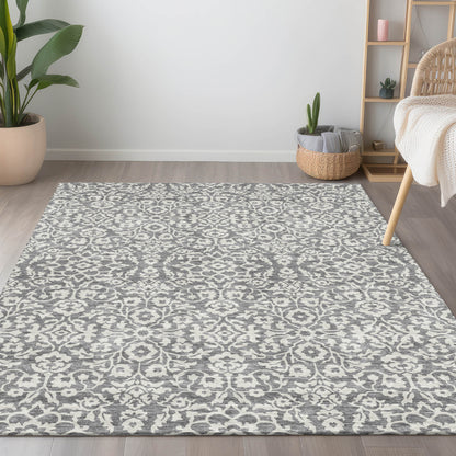Tabselect Home Line 5' X 8' Gray And Ivory Damask Washable Indoor Outdoor Area Rug