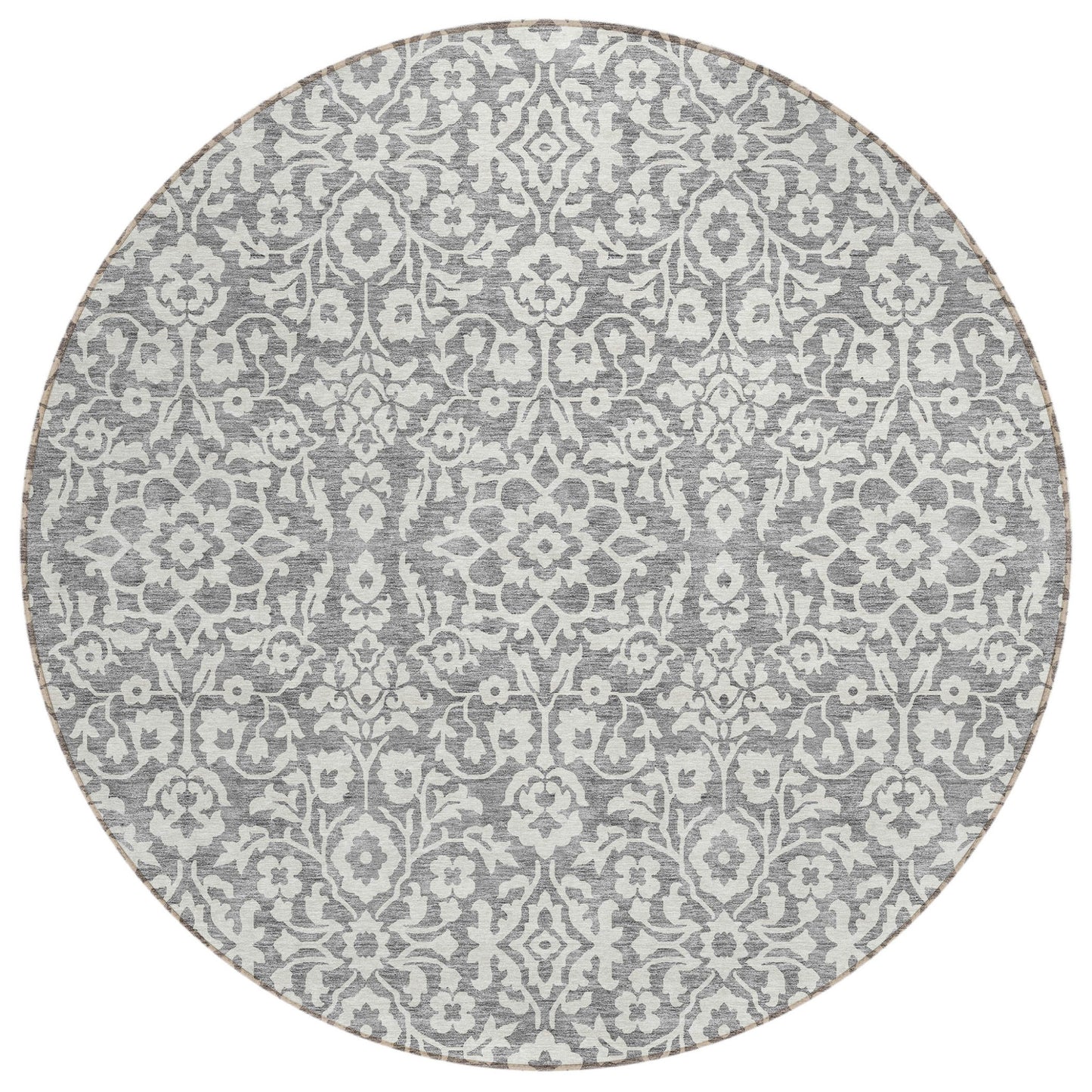 Tabselect Home Line 8' Gray And Ivory Round Damask Washable Indoor Outdoor Area Rug