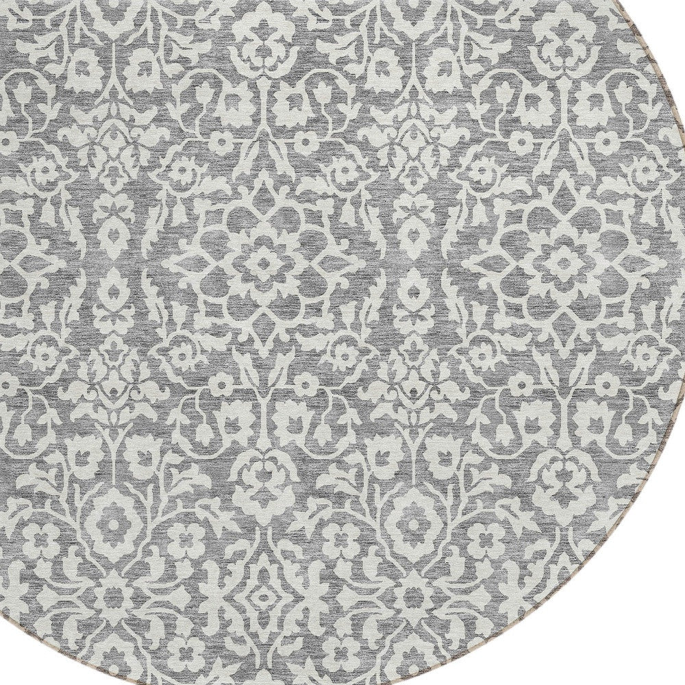 Tabselect Home Line 8' Gray And Ivory Round Damask Washable Indoor Outdoor Area Rug
