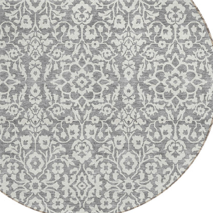 Tabselect Home Line 8' Gray And Ivory Round Damask Washable Indoor Outdoor Area Rug