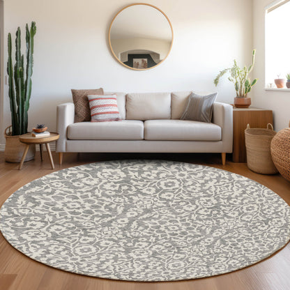 Tabselect Home Line 8' Gray And Ivory Round Damask Washable Indoor Outdoor Area Rug