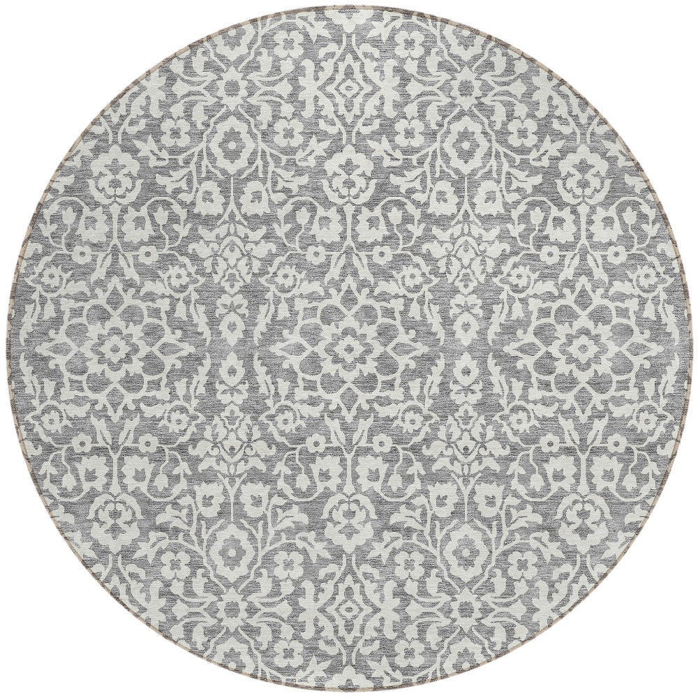 Tabselect Home Line 8' Gray And Ivory Round Damask Washable Indoor Outdoor Area Rug