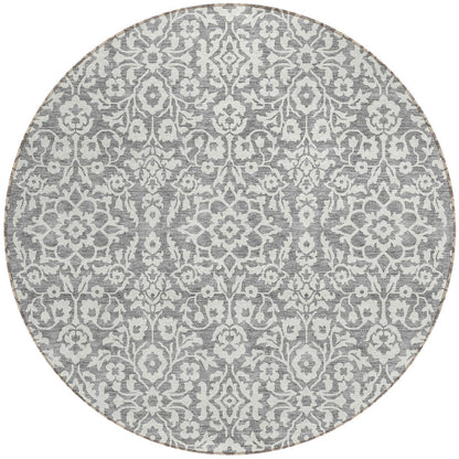 Tabselect Home Line 8' Gray And Ivory Round Damask Washable Indoor Outdoor Area Rug