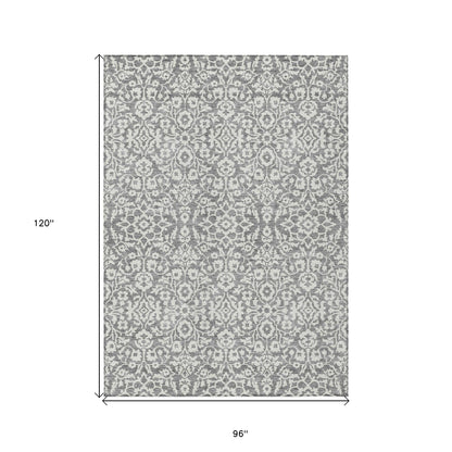 Tabselect Home Line 8' X 10' Gray And Ivory Damask Washable Indoor Outdoor Area Rug