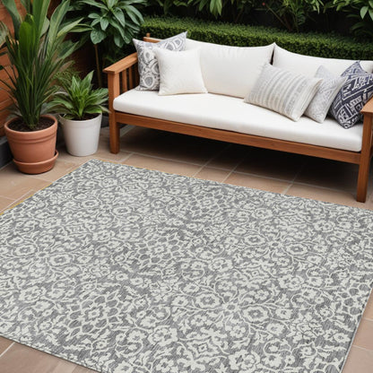 Tabselect Home Line 8' X 10' Gray And Ivory Damask Washable Indoor Outdoor Area Rug
