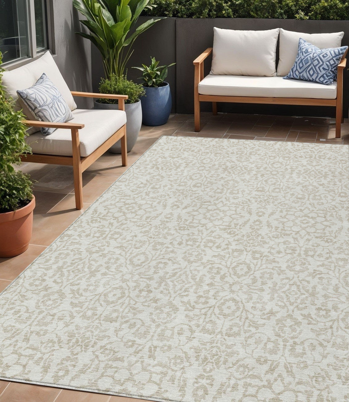 Tabselect Home Line 5' X 8' Ivory And Beige Damask Washable Indoor Outdoor Area Rug