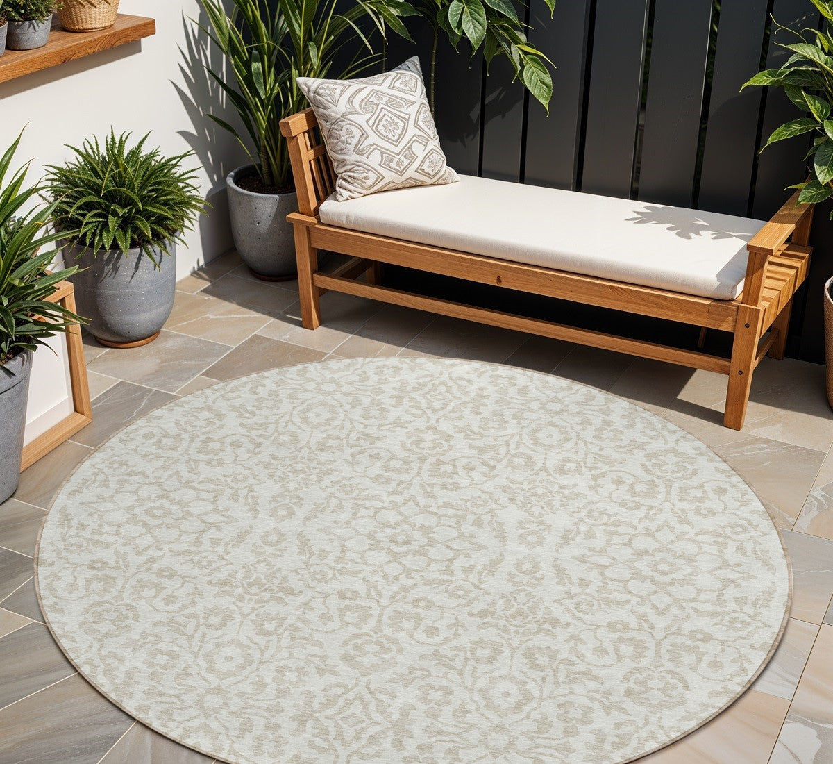 Tabselect Home Line 8' Ivory And Beige Round Damask Washable Indoor Outdoor Area Rug