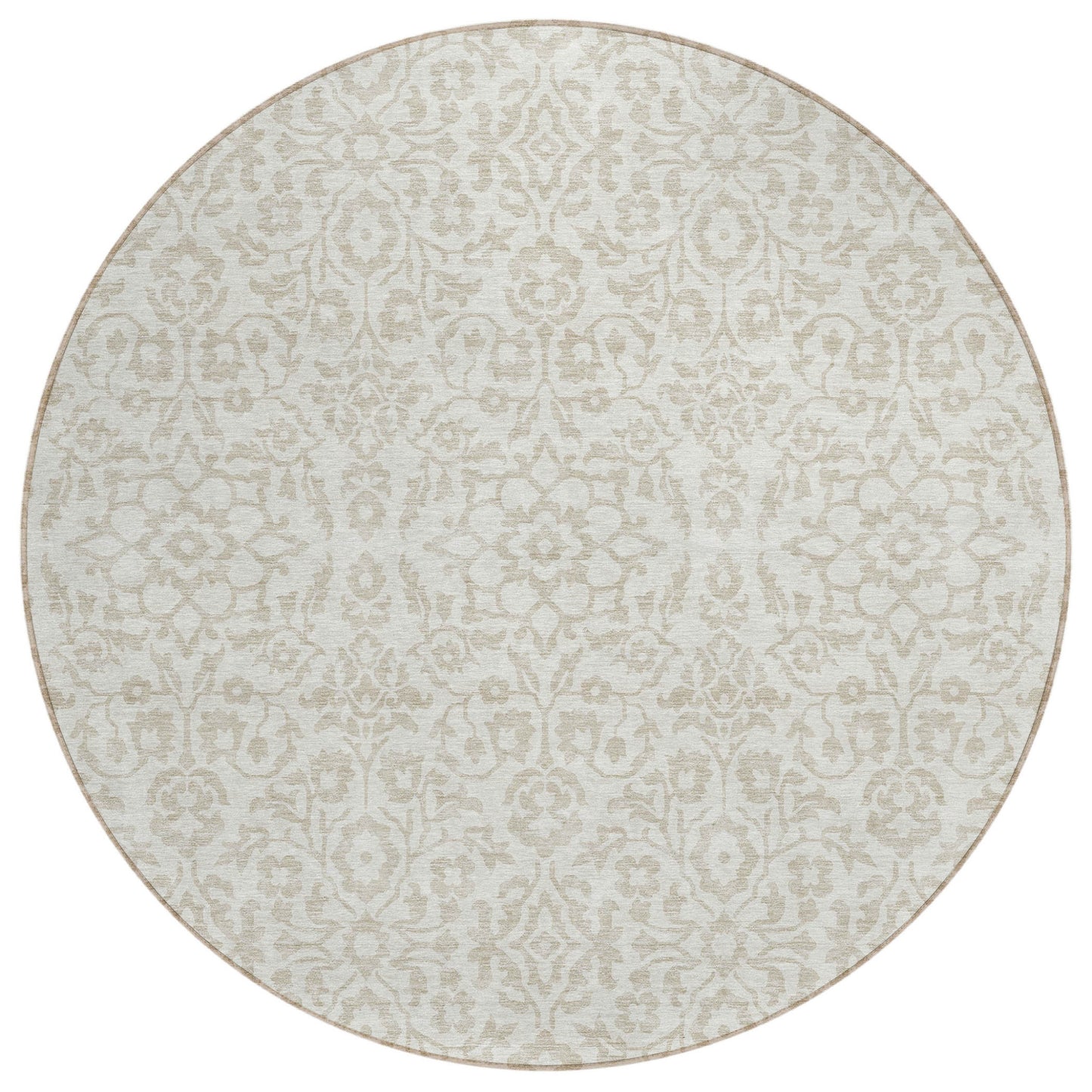 Tabselect Home Line 8' Ivory And Beige Round Damask Washable Indoor Outdoor Area Rug