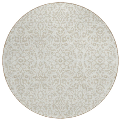 Tabselect Home Line 8' Ivory And Beige Round Damask Washable Indoor Outdoor Area Rug