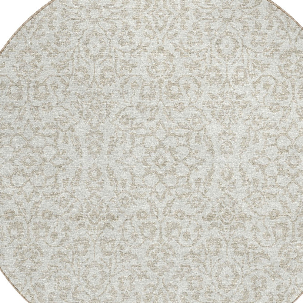 Tabselect Home Line 8' Ivory And Beige Round Damask Washable Indoor Outdoor Area Rug
